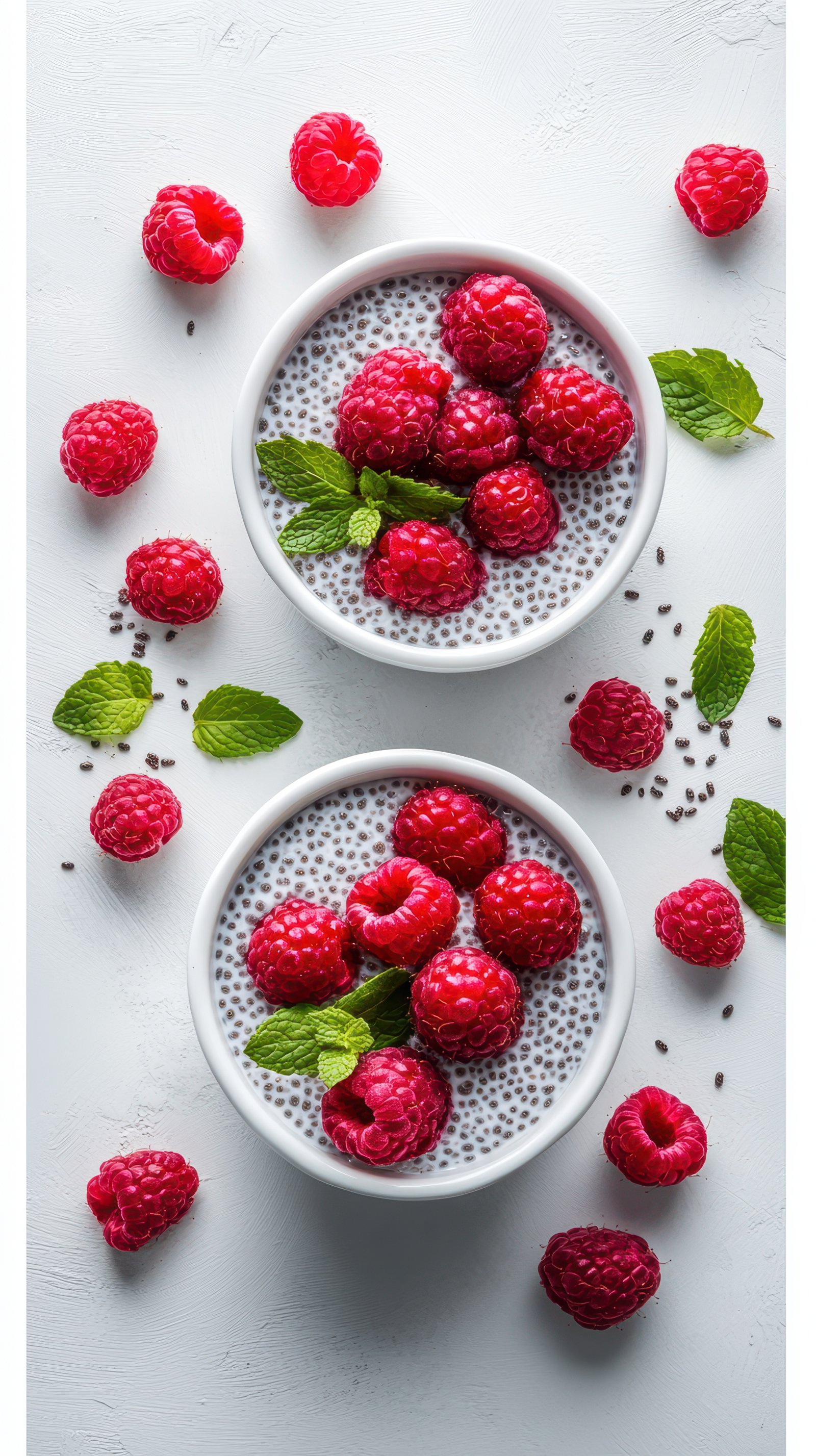 Chia seed pudding topped with fresh raspberries and mint on a light background